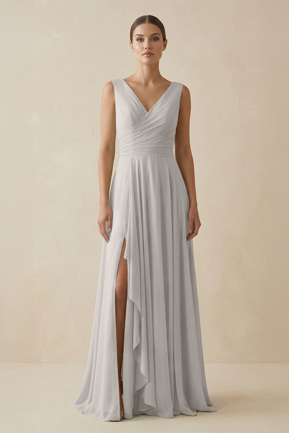 V - Neck A - Line Chiffon Ruffled Bridesmaid Dress in Silver - SHE IS ME Bridesmaid Dresses