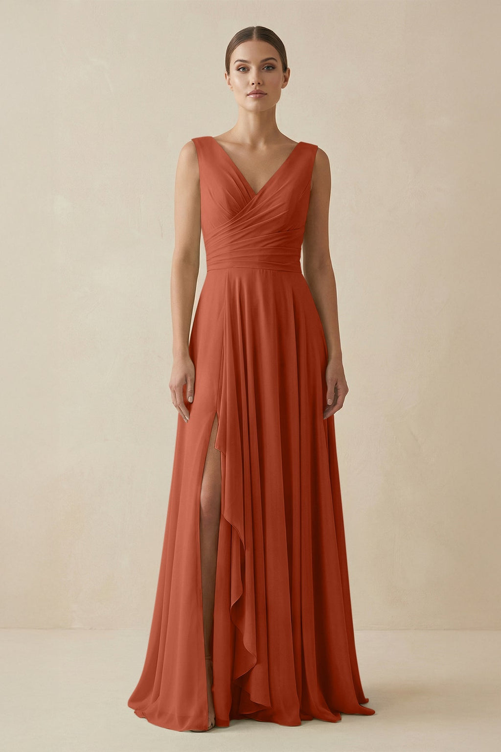 V - Neck A - Line Chiffon Ruffled Bridesmaid Dress in Spice - SHE IS ME Bridesmaid Dresses