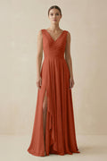 V - Neck A - Line Chiffon Ruffled Bridesmaid Dress in Spice - SHE IS ME Bridesmaid Dresses