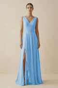V - Neck A - Line Chiffon Ruffled Bridesmaid Dress in Steel Blue - SHE IS ME Bridesmaid Dresses