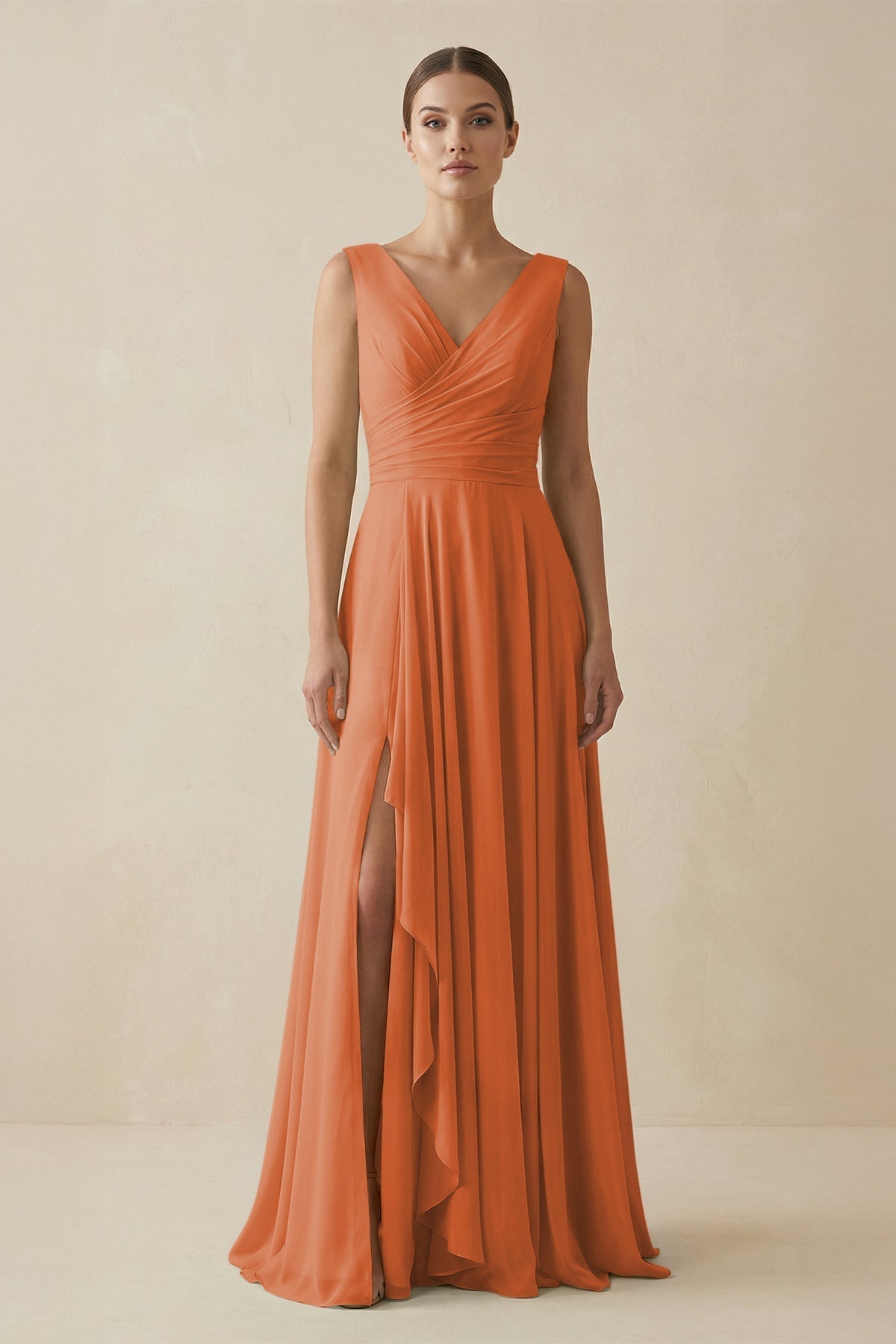 V - Neck A - Line Chiffon Ruffled Bridesmaid Dress in Terracotta - SHE IS ME Bridesmaid Dresses