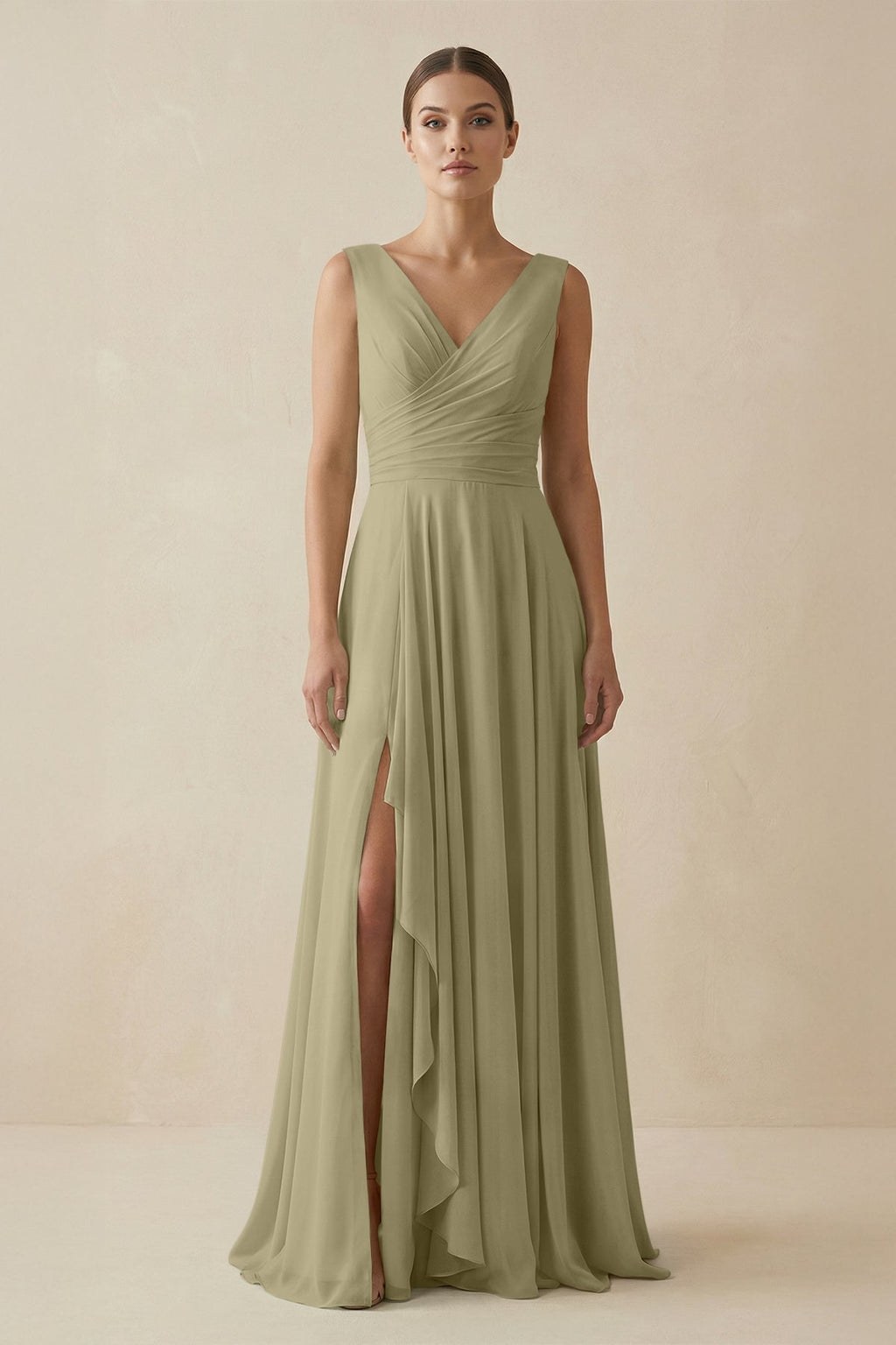 V - Neck A - Line Chiffon Ruffled Bridesmaid Dress in Thyme - SHE IS ME Bridesmaid Dresses