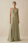 V - Neck A - Line Chiffon Ruffled Bridesmaid Dress in Thyme - SHE IS ME Bridesmaid Dresses