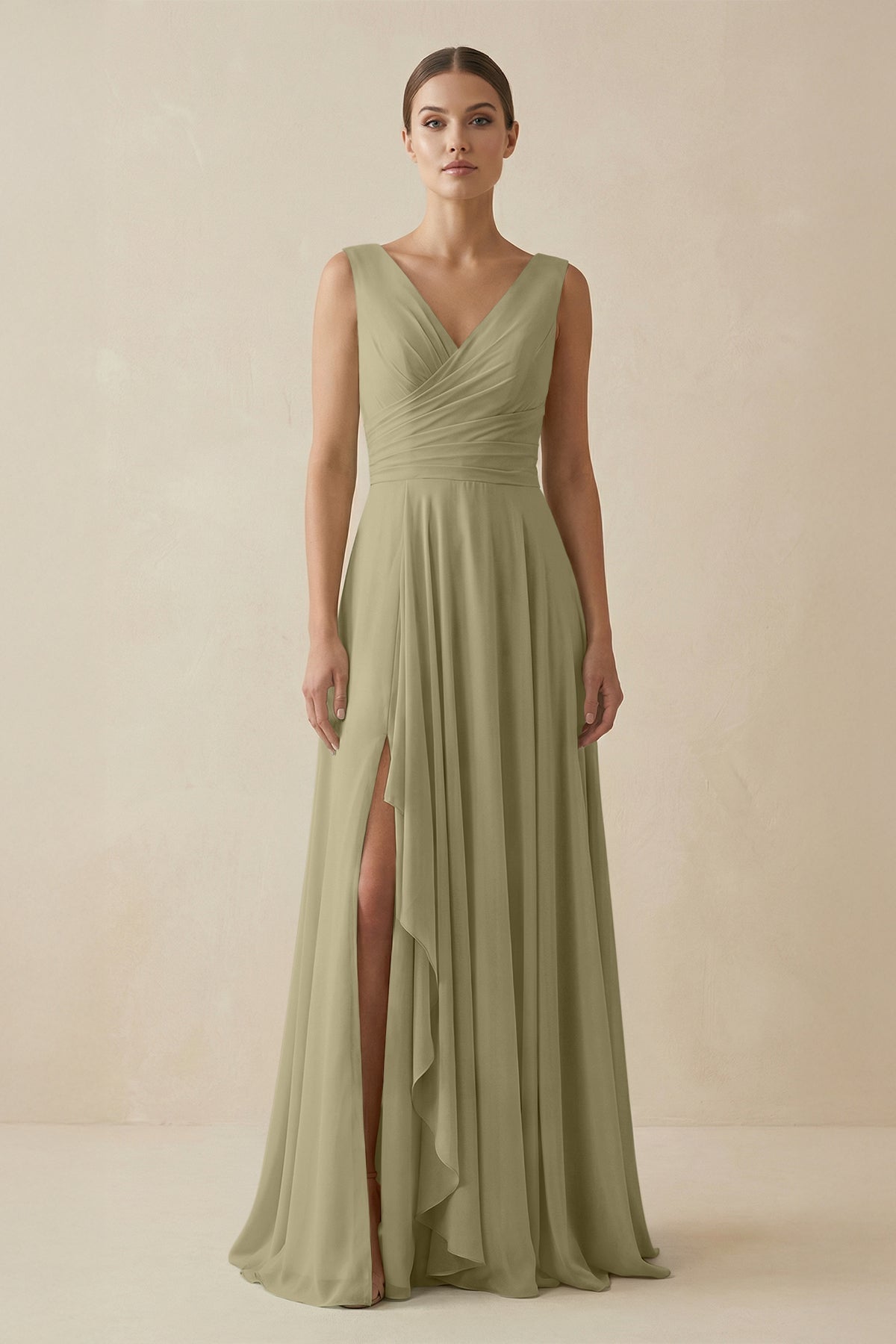 V - Neck A - Line Chiffon Ruffled Bridesmaid Dress in Thyme - SHE IS ME Bridesmaid Dresses