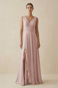 V - Neck A - Line Chiffon Ruffled Bridesmaid Dress in Toffee - SHE IS ME Bridesmaid Dresses