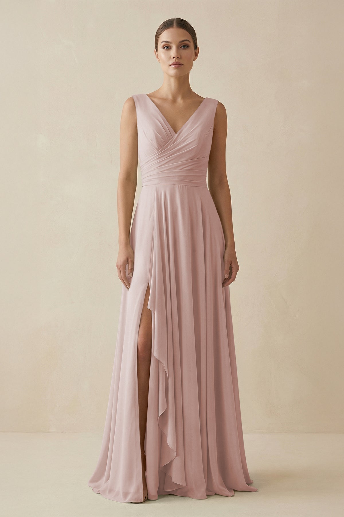 V - Neck A - Line Chiffon Ruffled Bridesmaid Dress in Toffee - SHE IS ME Bridesmaid Dresses