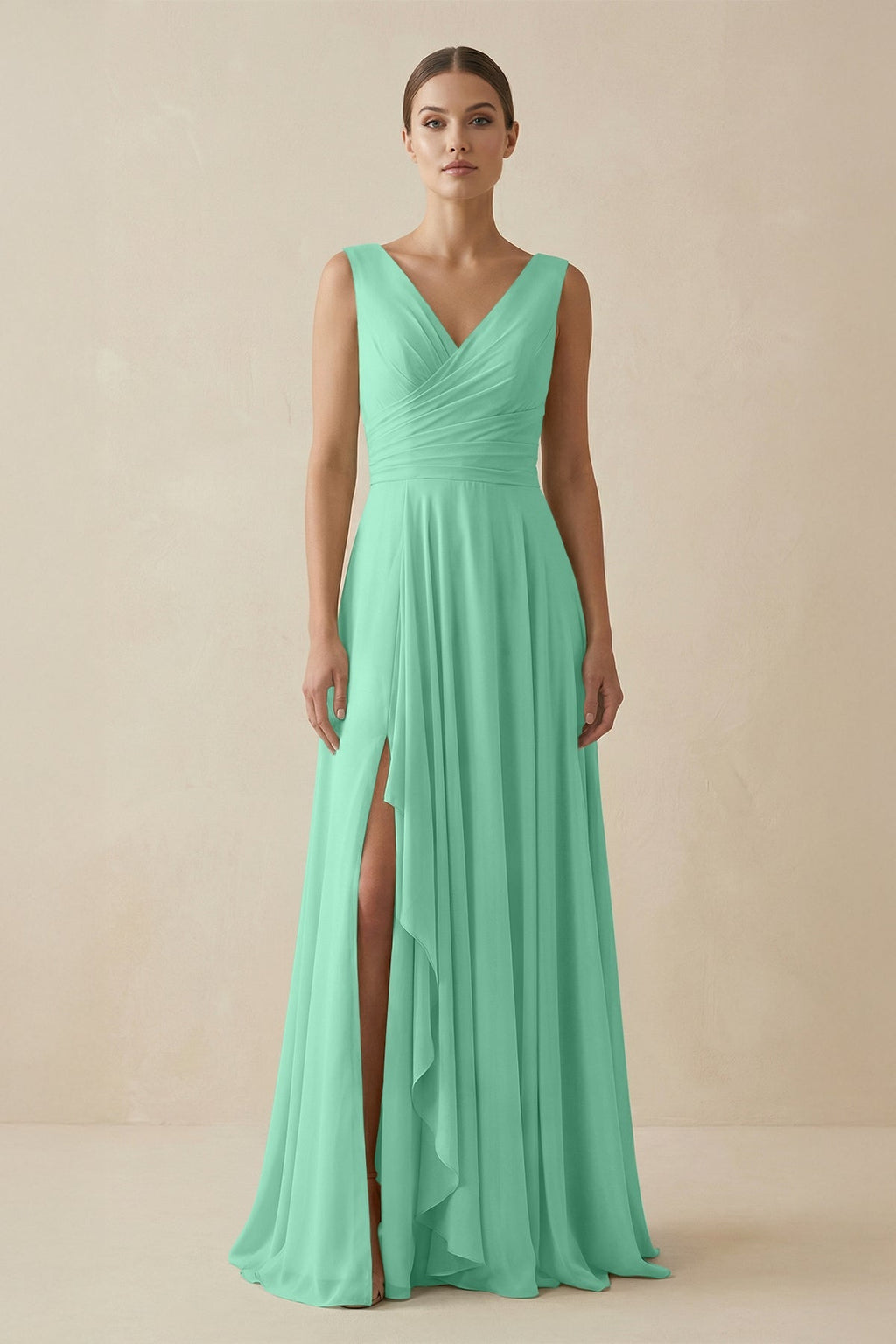 V - Neck A - Line Chiffon Ruffled Bridesmaid Dress in Turquoise - SHE IS ME Bridesmaid Dresses