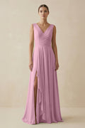 V - Neck A - Line Chiffon Ruffled Bridesmaid Dress in Vintage Mauve - SHE IS ME Bridesmaid Dresses