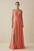 V - Neck A - Line Chiffon Ruffled Bridesmaid Dress in Wild Rose - SHE IS ME Bridesmaid Dresses