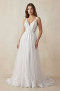 V - Neck A - Line Lace Tulle Wedding Dress in Ivory - SHE IS ME Wedding Dresses
