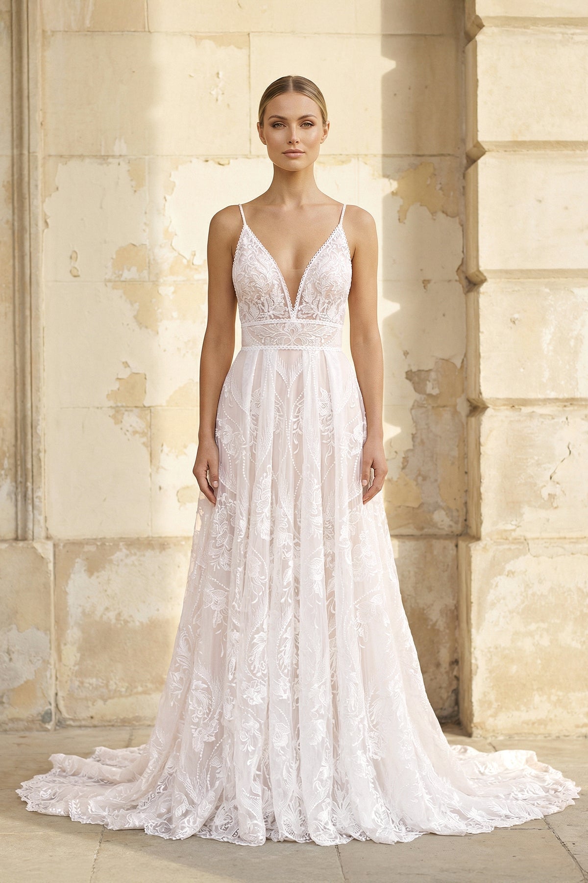 V Neck A Line Lace Wedding Dress in White and Nude - SHE IS ME Wedding Dresses