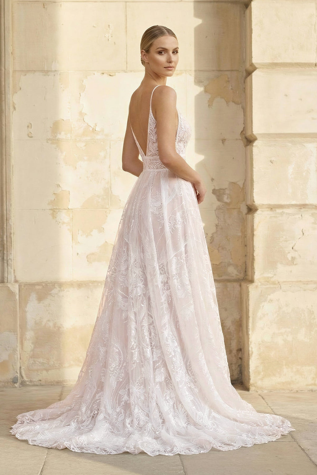 V Neck A Line Lace Wedding Dress in White and Nude - SHE IS ME Wedding Dresses