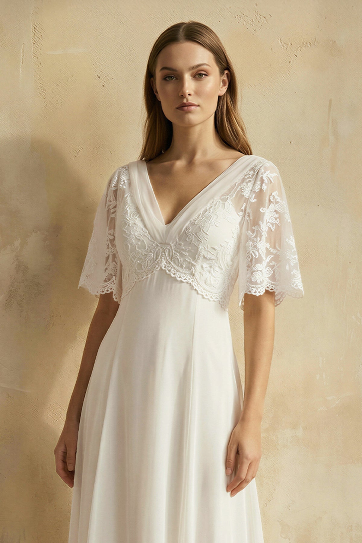 V Neck A Line Short Sleeves Chiffon Wedding Dress in Ivory - SHE IS ME Wedding Dresses
