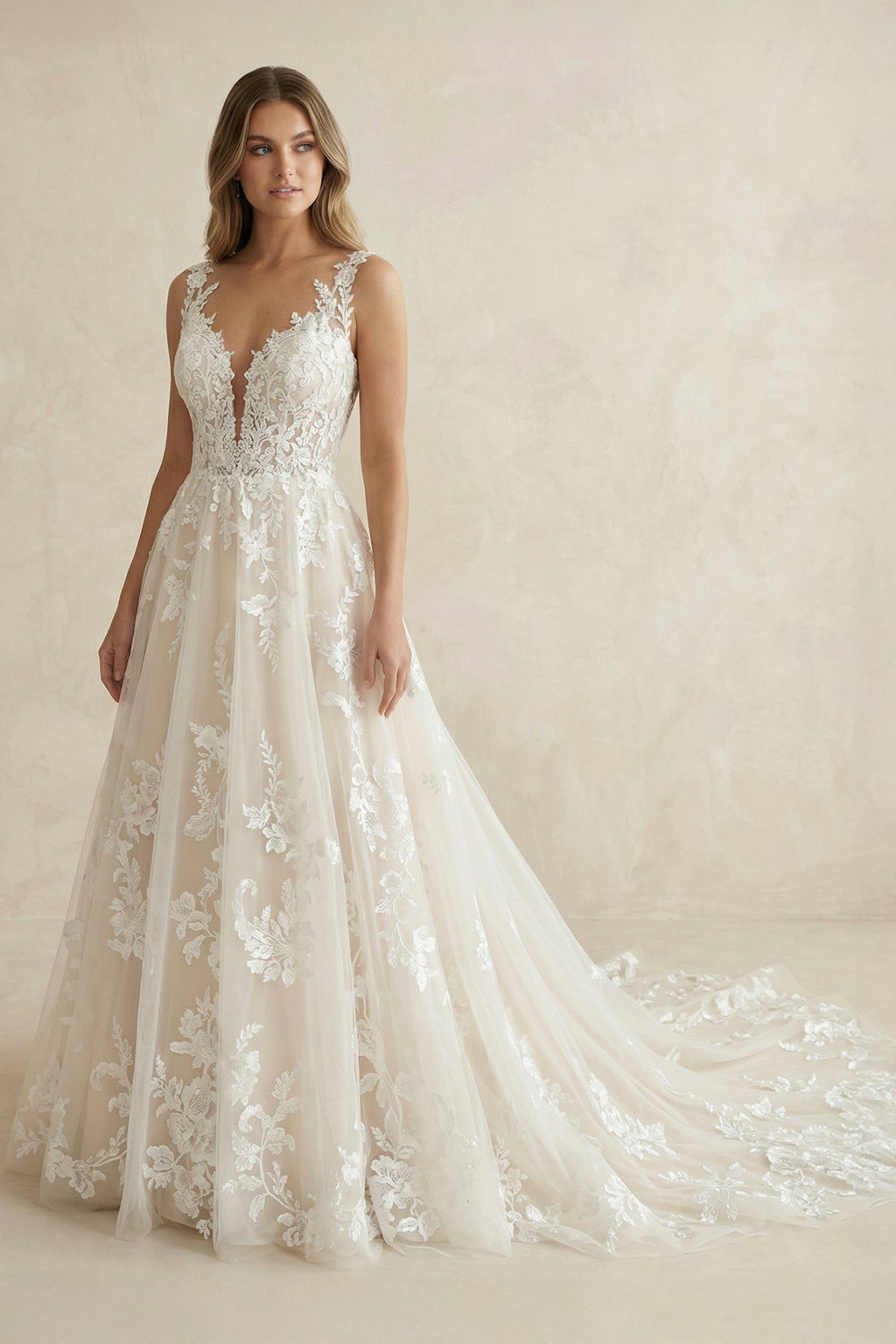 V Neck A Line Tulle Wedding Dress in White and Nude - SHE IS ME Wedding Dresses