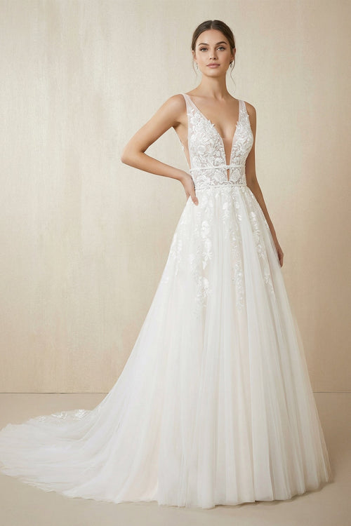 V Neck A Line Tulle Wedding Dress With Appliques in White - SHE IS ME Wedding Dresses