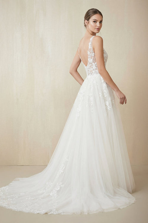 V Neck A Line Tulle Wedding Dress With Appliques in White - SHE IS ME Wedding Dresses