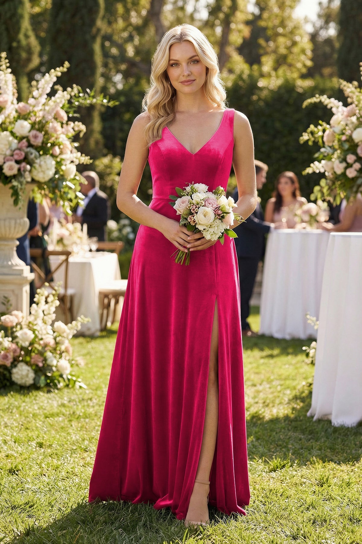 V - Neck A - Line Velvet Bridesmaid Dress in Fuchsia - SHE IS ME Bridesmaid Dresses