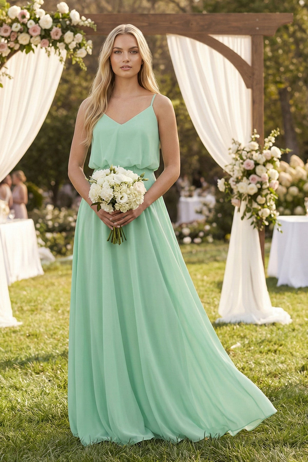 V-Neck Blouson A-Line Chiffon Bridesmaid Dress in Pale Pistachio - SHE IS ME BRIDESMAID DRESSES