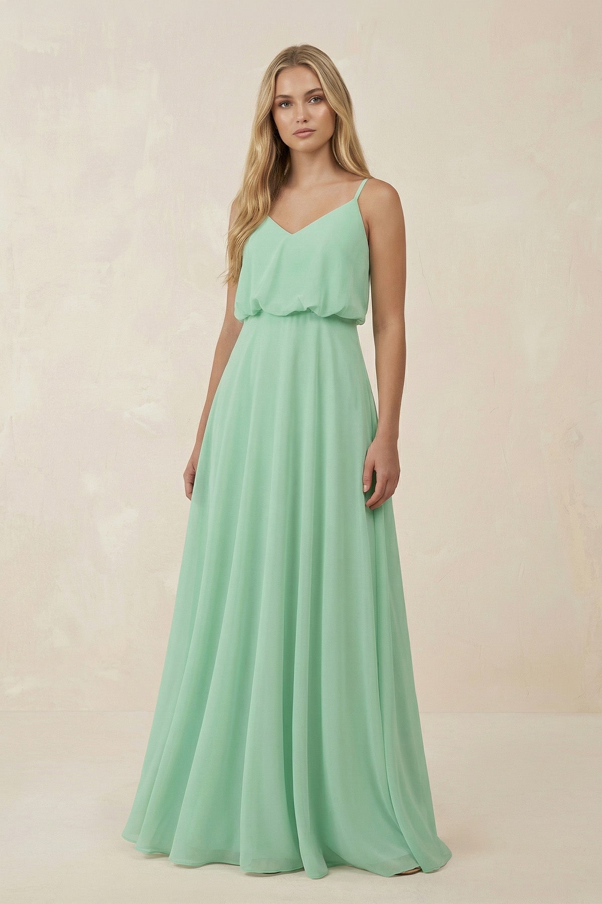 V-Neck Blouson A-Line Chiffon Bridesmaid Dress in Pale Pistachio - SHE IS ME BRIDESMAID DRESSES