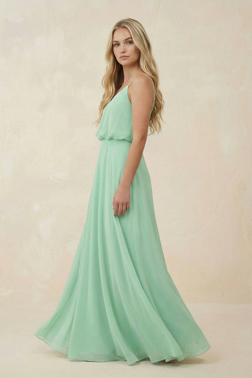 V-Neck Blouson A-Line Chiffon Bridesmaid Dress in Pale Pistachio - SHE IS ME BRIDESMAID DRESSES