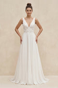 V - Neck Chiffon A - Line Appliqued Wedding Dress in White - SHE IS ME Wedding Dresses