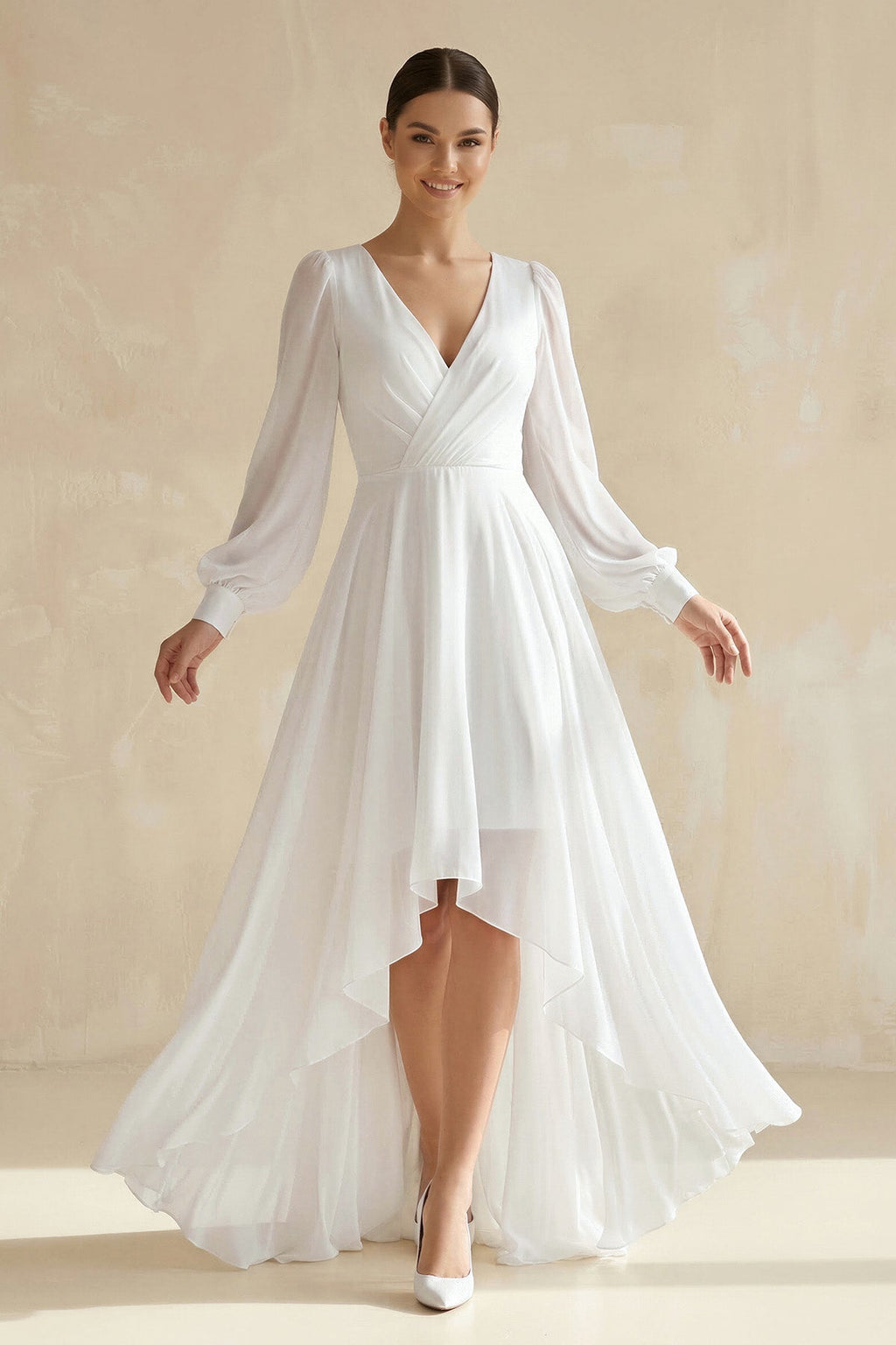 V - Neck Chiffon A - Line Asymmetrical Wedding Dress in White - SHE IS ME Wedding Dresses