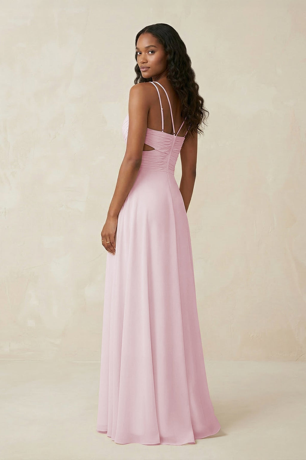 V - Neck Chiffon A - Line Cut - Out Bridesmaid Dress in Pale Blush - SHE IS ME Bridesmaid Dresses