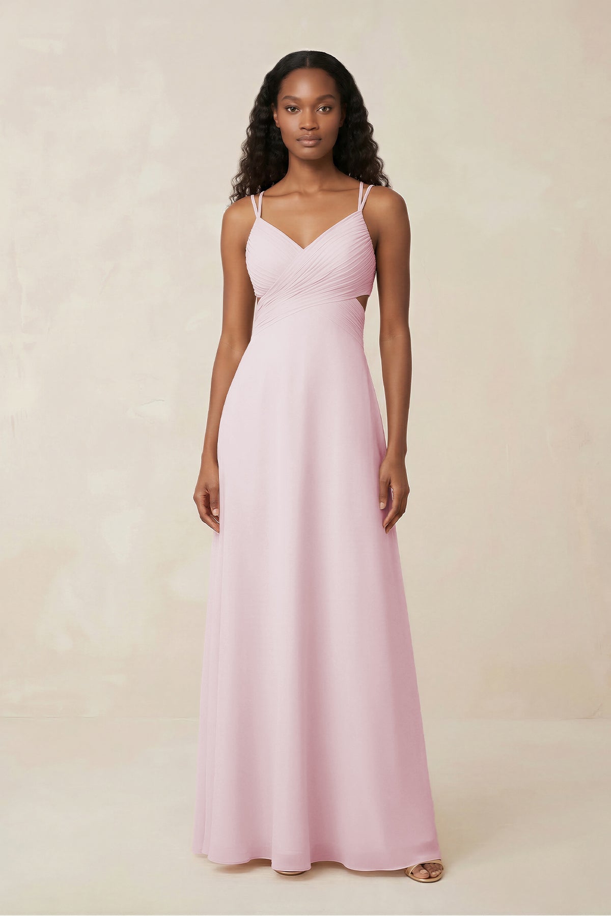 V - Neck Chiffon A - Line Cut - Out Bridesmaid Dress in Pale Blush - SHE IS ME Bridesmaid Dresses