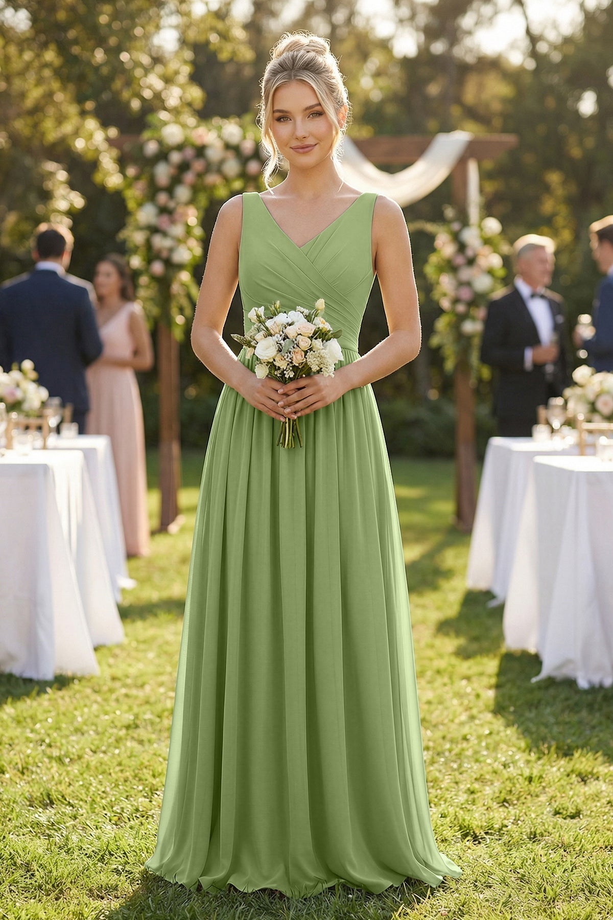 V - Neck Chiffon A - Line Long Bridesmaid Dress in Matcha - SHE IS ME Bridesmaid Dresses