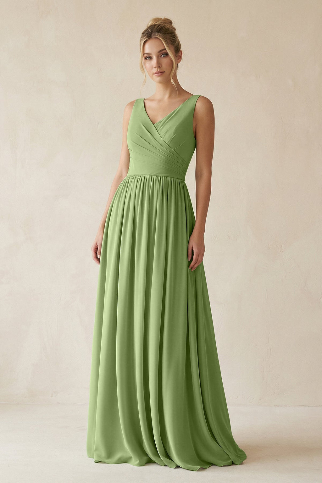 V - Neck Chiffon A - Line Long Bridesmaid Dress in Matcha - SHE IS ME Bridesmaid Dresses