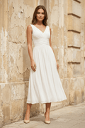 V - Neck Chiffon A - Line Midi Wedding Dress in White - SHE IS ME Wedding Dresses