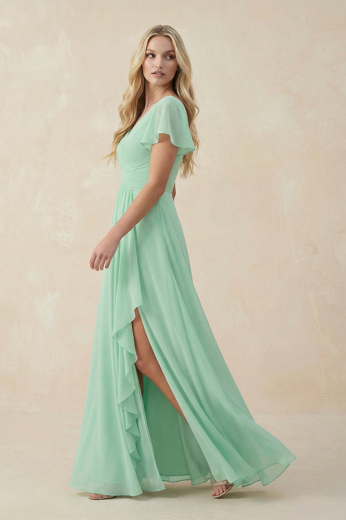 V-Neck Flutter Sleeve A-Line Chiffon Bridesmaid Dress in Pale Pistachio - SHE IS ME BRIDESMAID DRESSES
