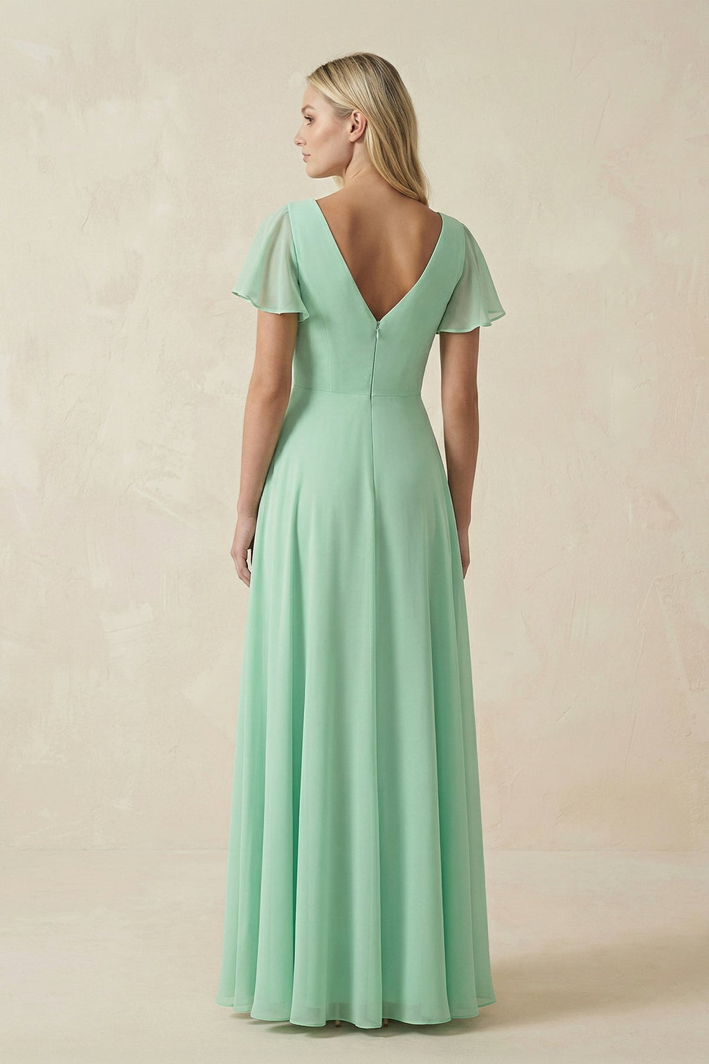 V-Neck Flutter Sleeve A-Line Chiffon Bridesmaid Dress in Pale Pistachio - SHE IS ME BRIDESMAID DRESSES