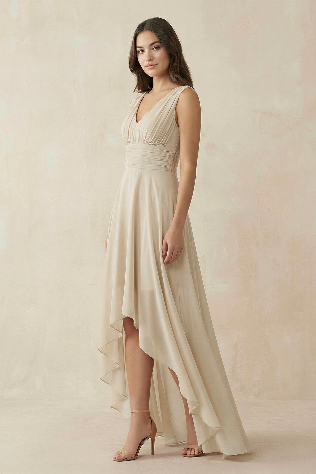 V - Neck High - Low Chiffon Bridesmaid Dress in Champagne - SHE IS ME Bridesmaid Dresses