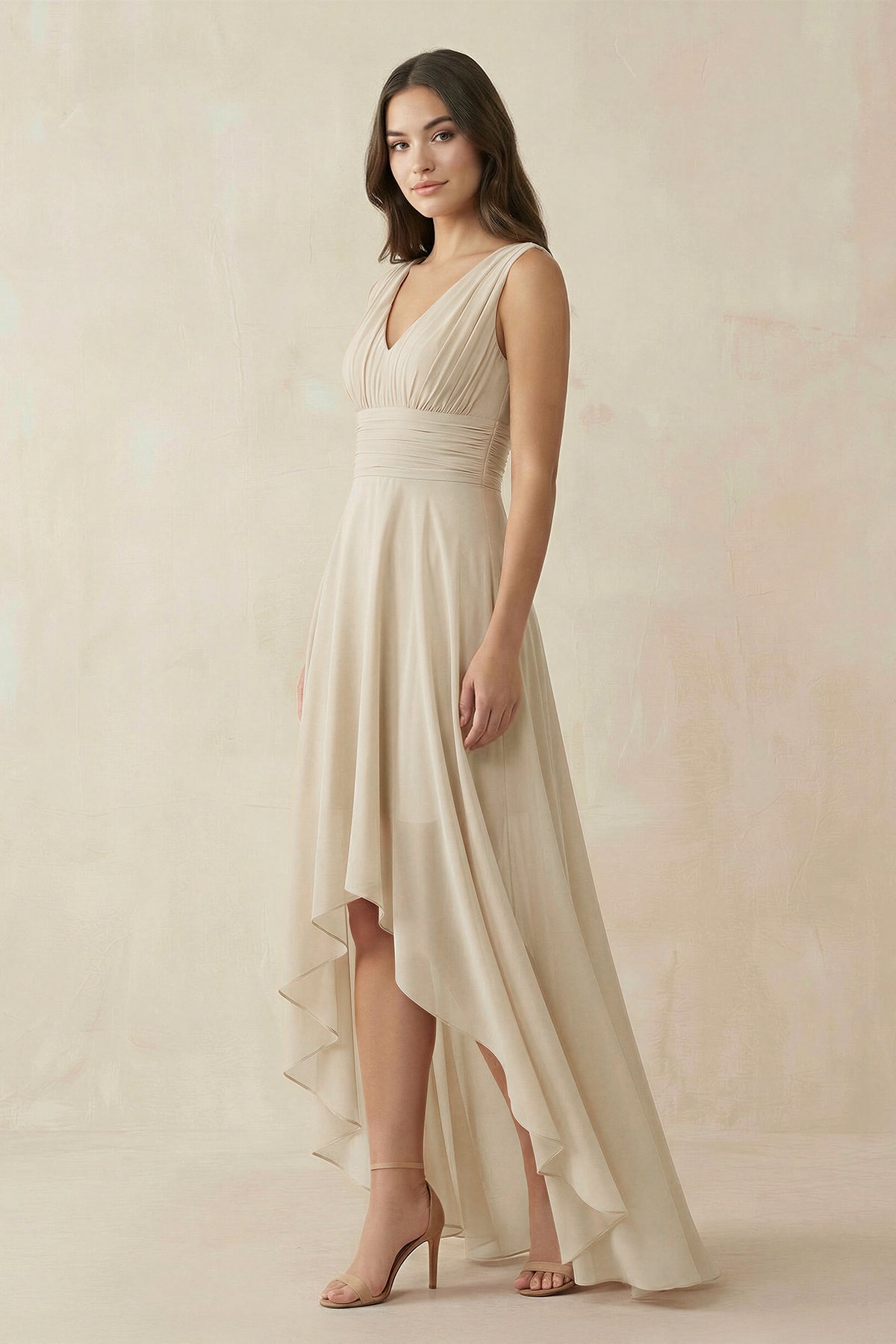 V - Neck High - Low Chiffon Bridesmaid Dress in Champagne - SHE IS ME Bridesmaid Dresses