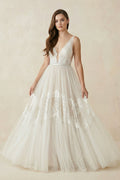 V - Neck Lace A - Line Tulle Wedding Dress in White - Nude - SHE IS ME Wedding Dresses