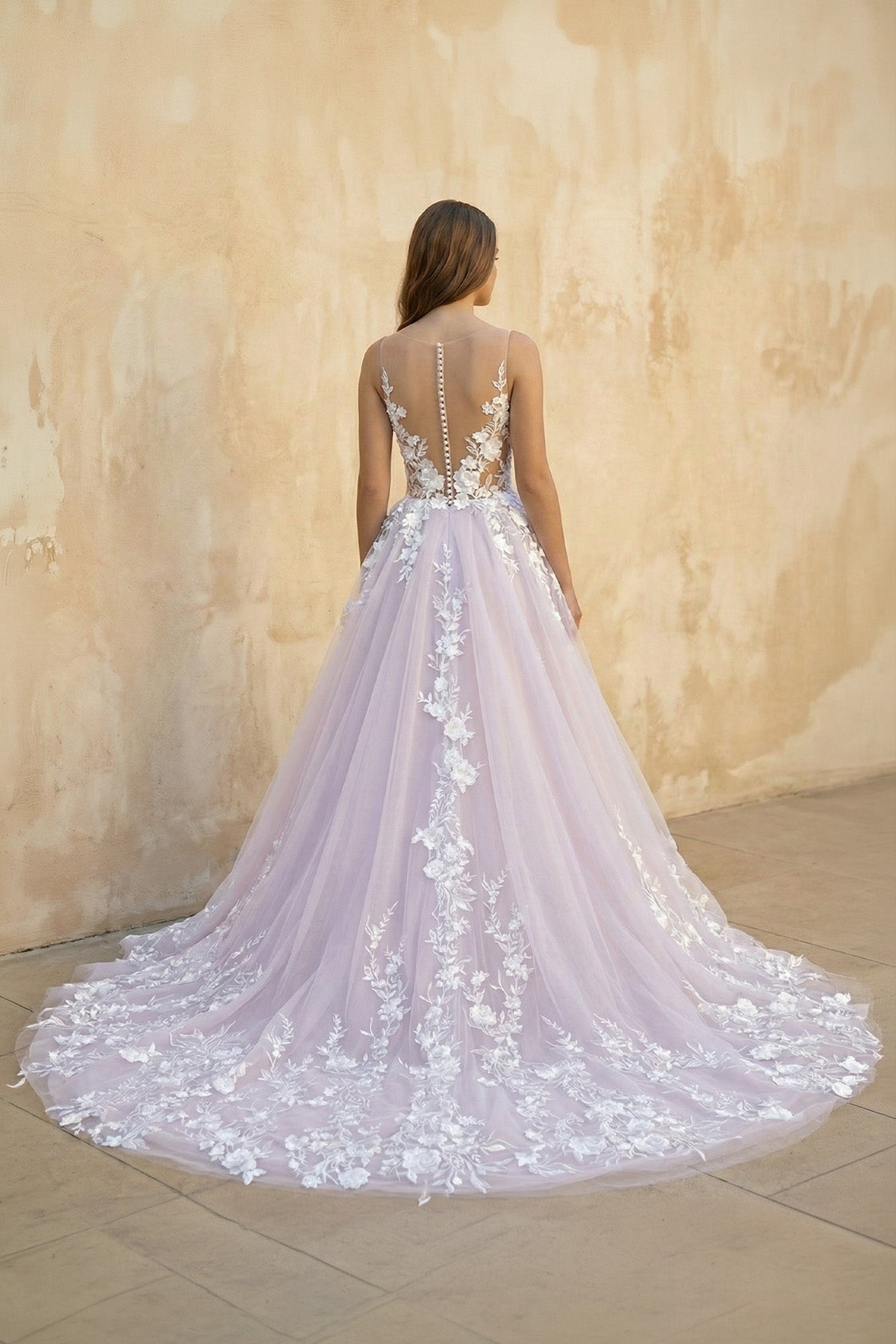 V Neck Lace Ball Gown Wedding Dress in Lavender - SHE IS ME Wedding Dresses