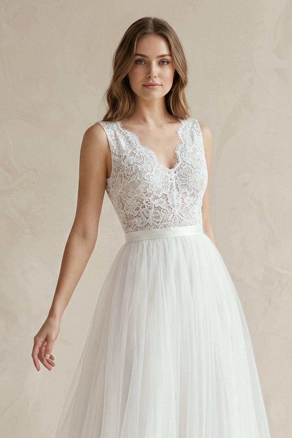 V - Neck Lace Bodice A - Line Tulle Wedding Dress - SHE IS ME Wedding Dresses