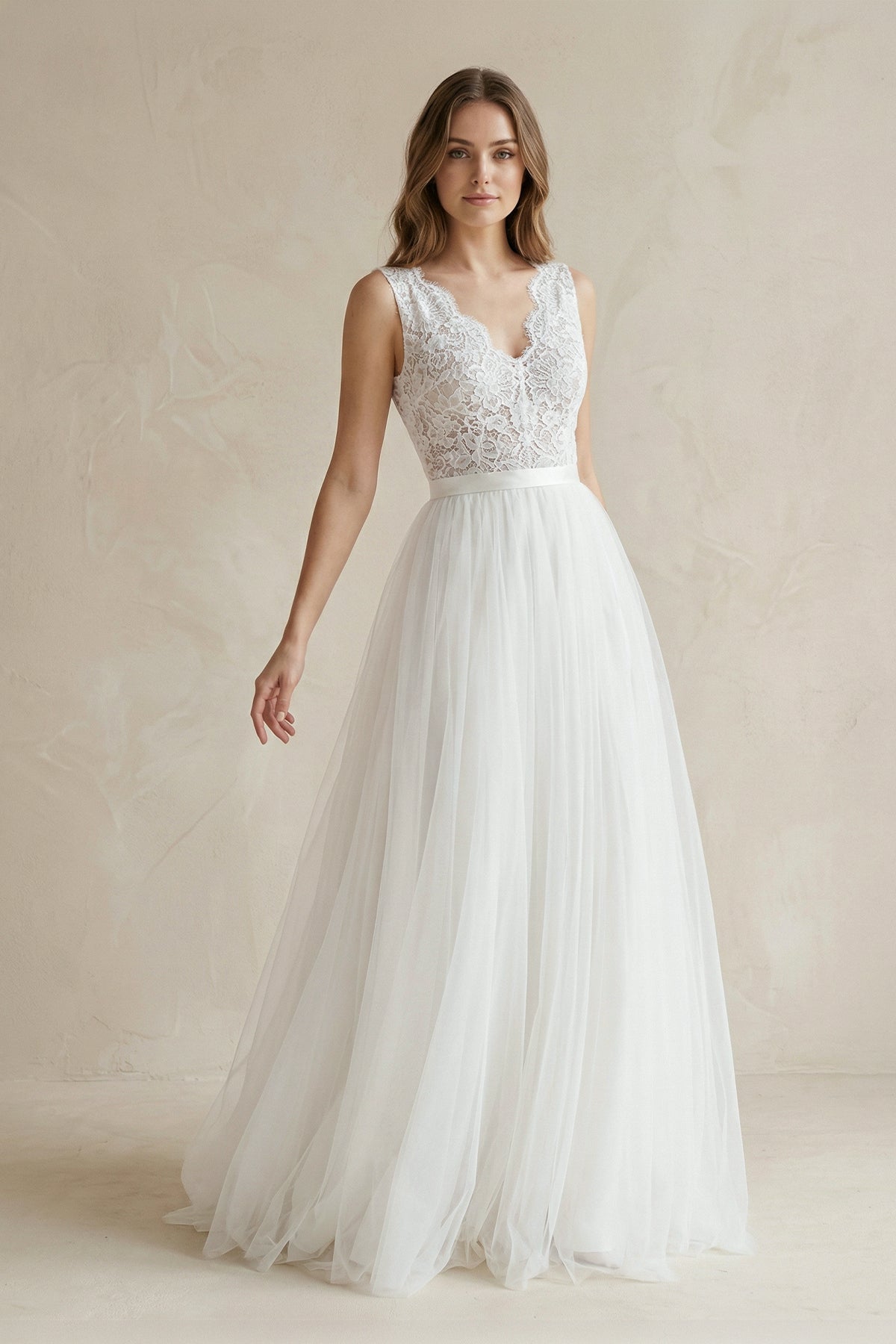 V - Neck Lace Bodice A - Line Tulle Wedding Dress - SHE IS ME Wedding Dresses