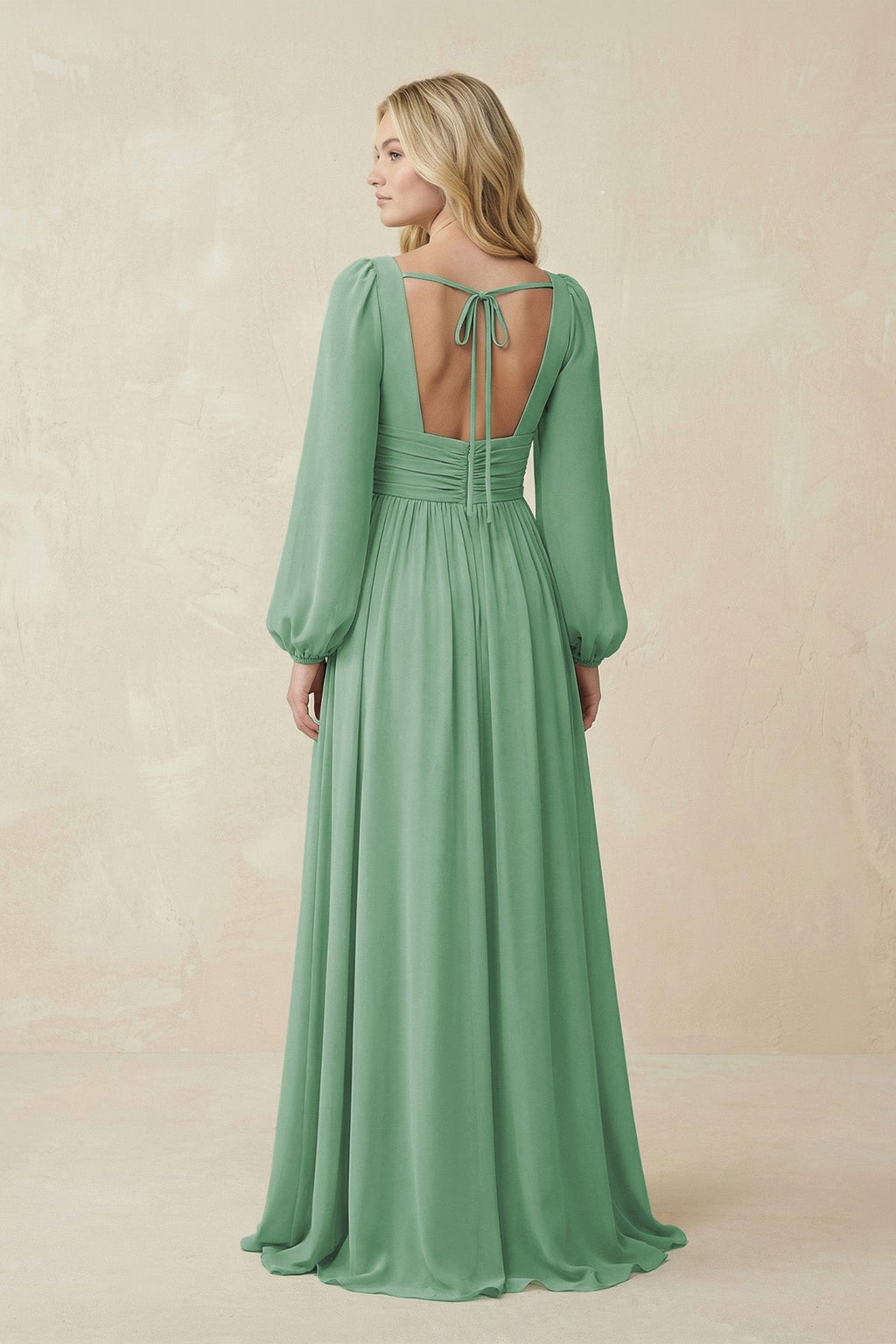 V-Neck Long Sleeve A-Line Chiffon Bridesmaid Dress in Sea Glass - SHE IS ME BRIDESMAID DRESSES