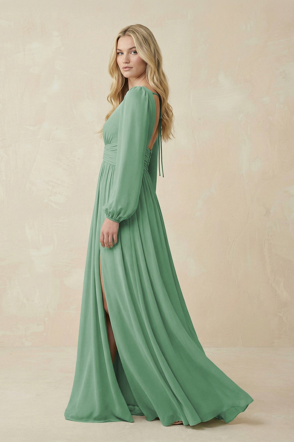 V-Neck Long Sleeve A-Line Chiffon Bridesmaid Dress in Sea Glass - SHE IS ME BRIDESMAID DRESSES