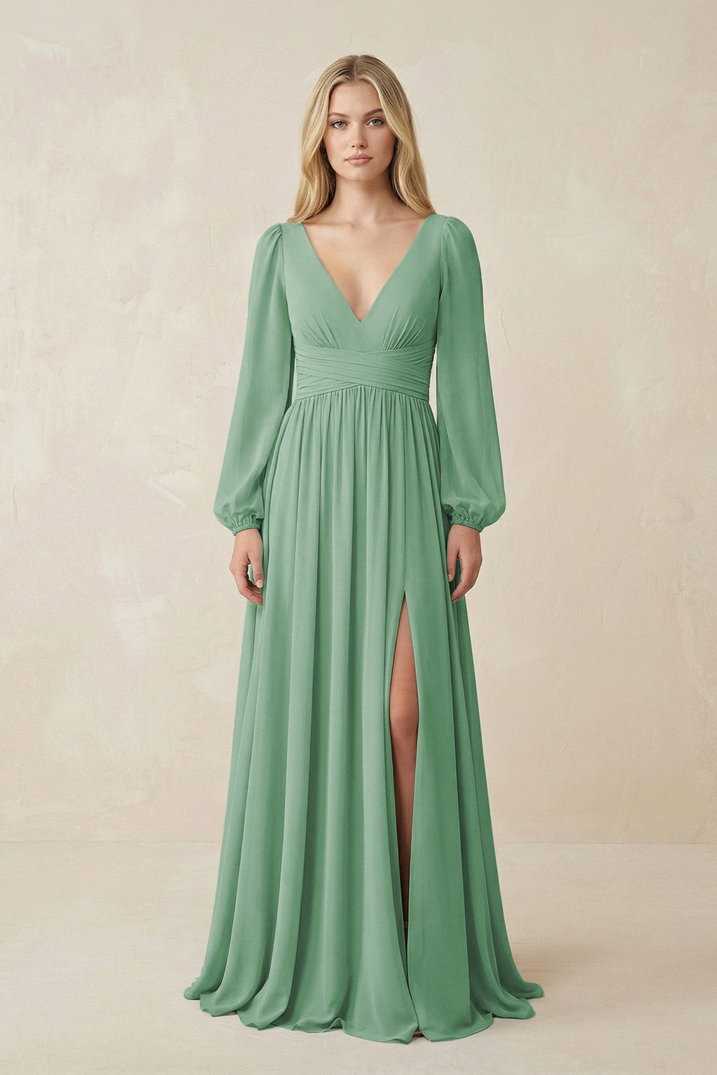 V-Neck Long Sleeve A-Line Chiffon Bridesmaid Dress in Sea Glass - SHE IS ME BRIDESMAID DRESSES