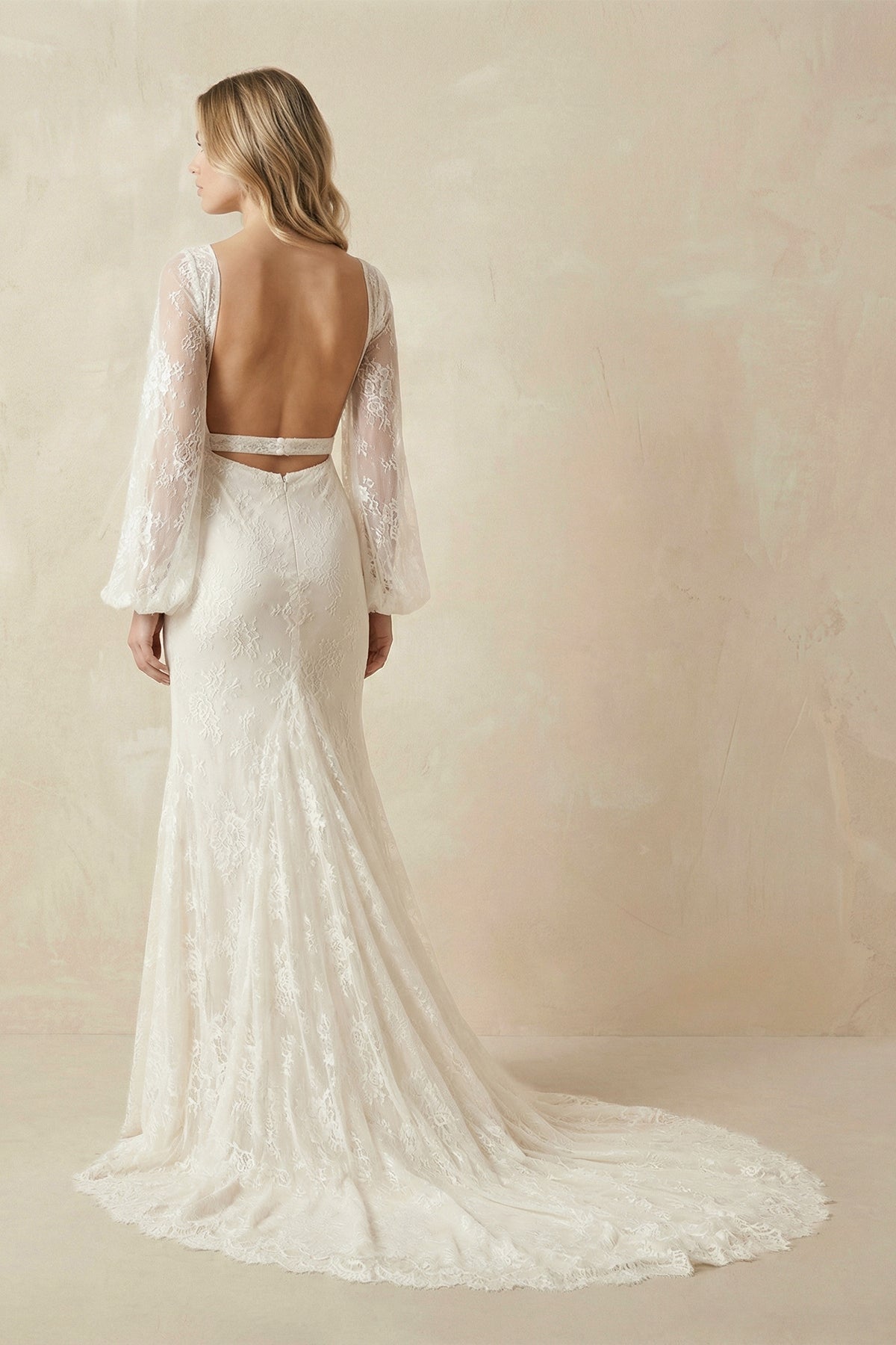 V - Neck Long Sleeve Mermaid Backless Lace Wedding Dresses - SHE IS ME Wedding Dresses