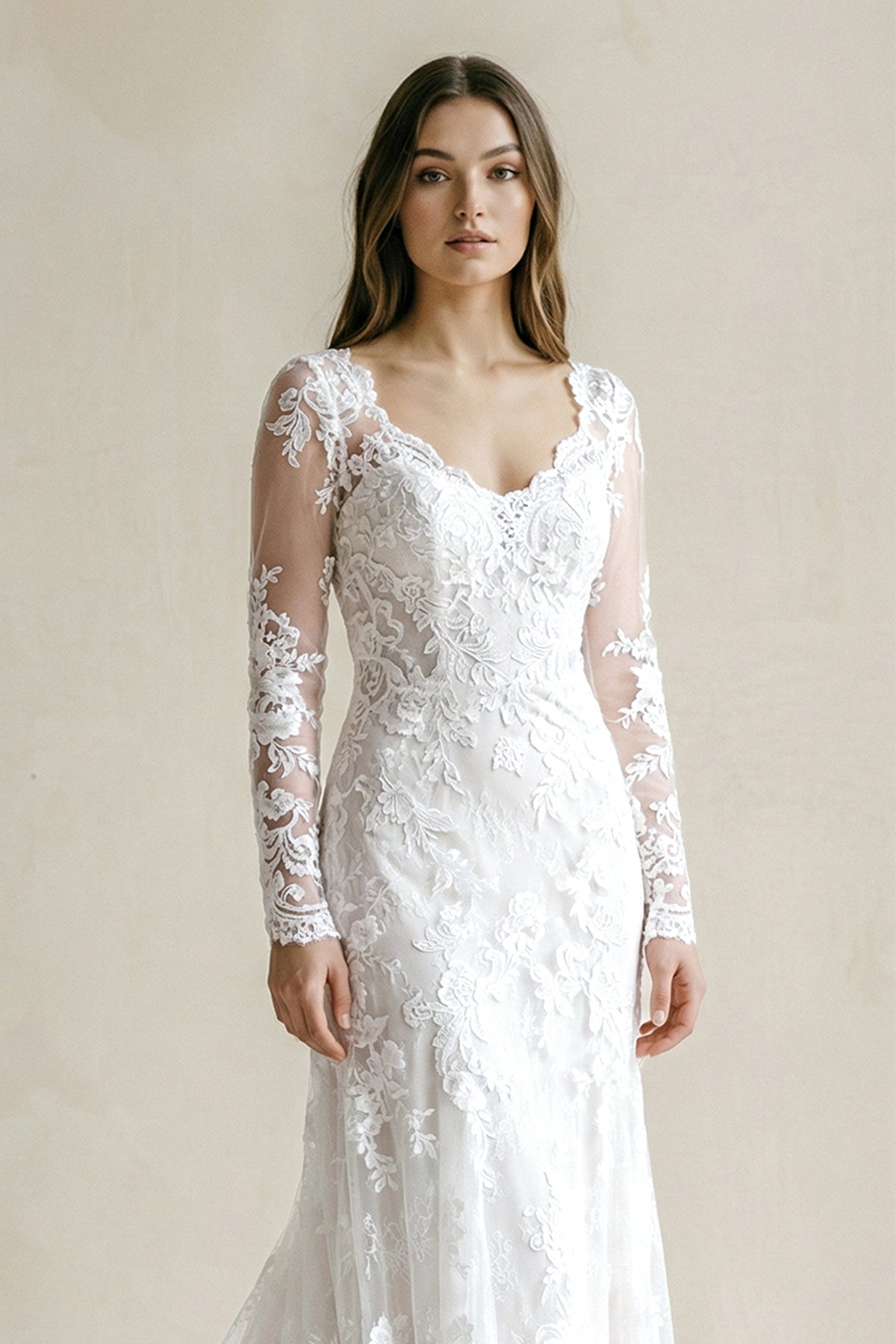 V - Neck Mermaid Lace Appliqued Wedding Dress in White - SHE IS ME Wedding Dresses