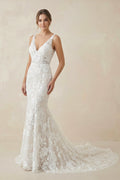 V Neck Mermaid Lace Wedding Dress in White and Nude - SHE IS ME Wedding Dresses