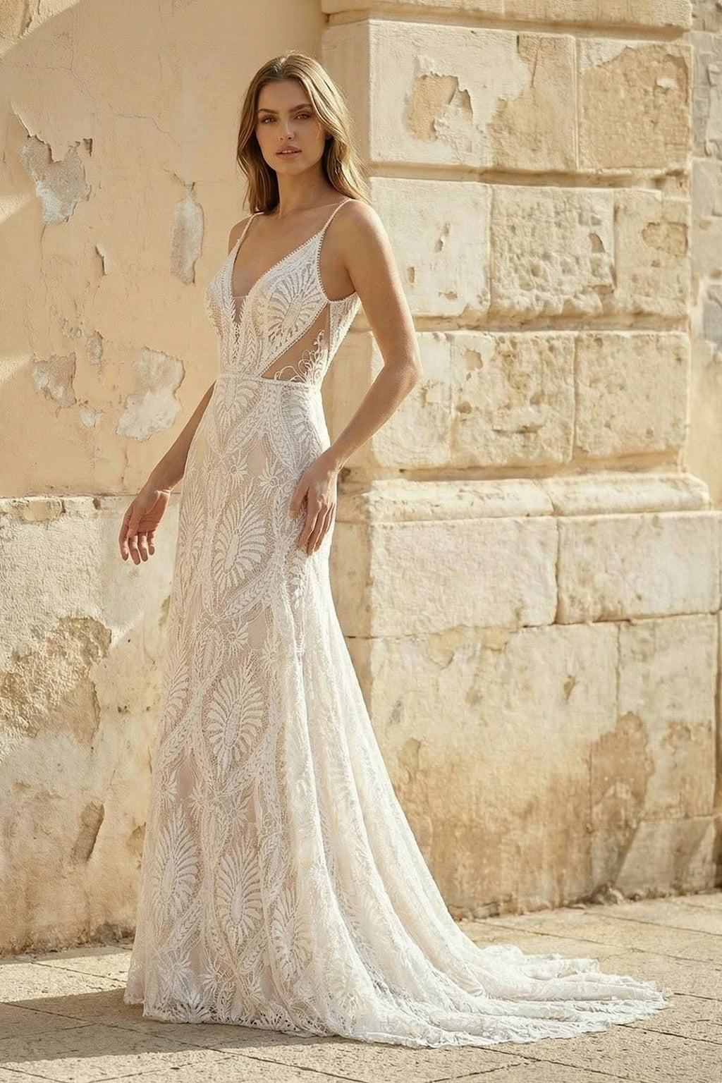 V Neck Mermaid Lace Wedding Dress in White and Nude - SHE IS ME Wedding Dresses