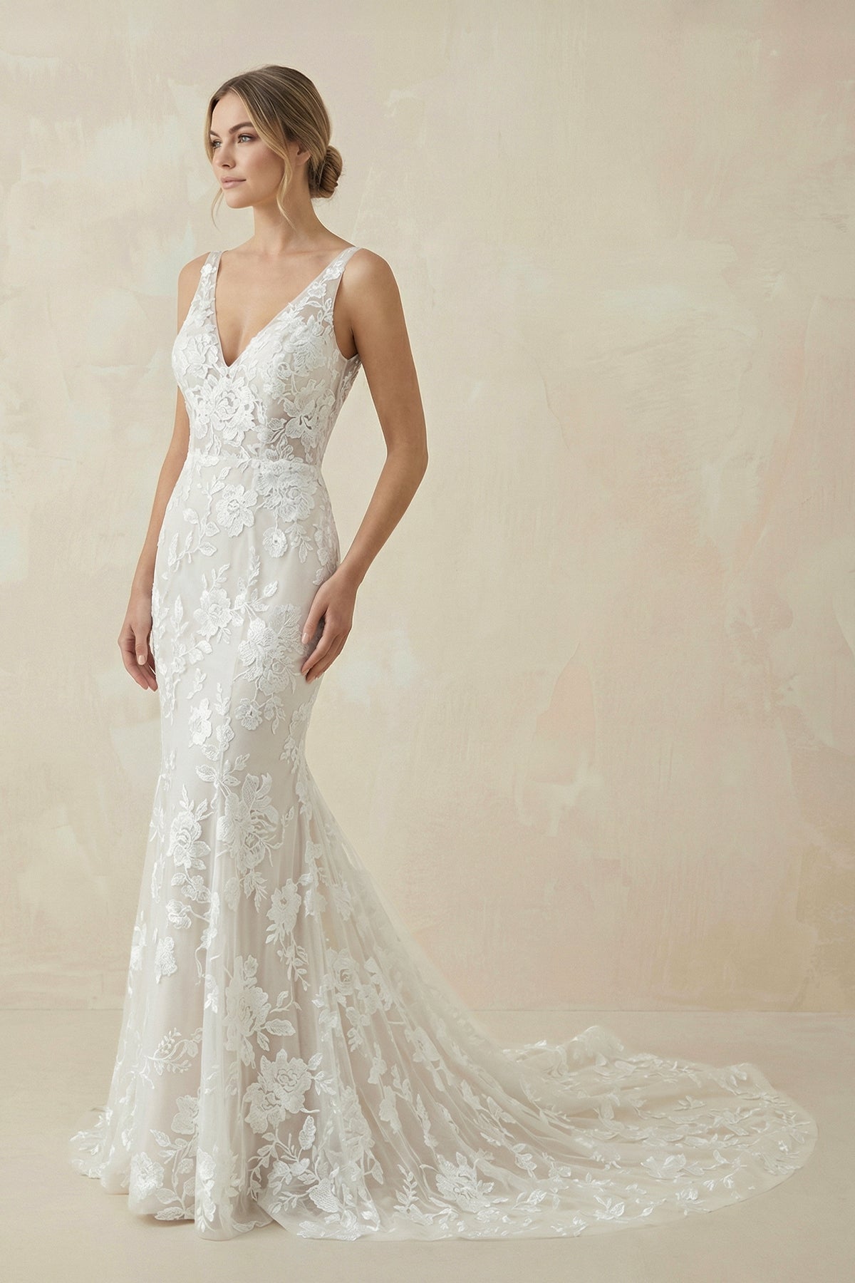 V Neck Mermaid Lace Wedding Dress in White and Nude - SHE IS ME Wedding Dresses