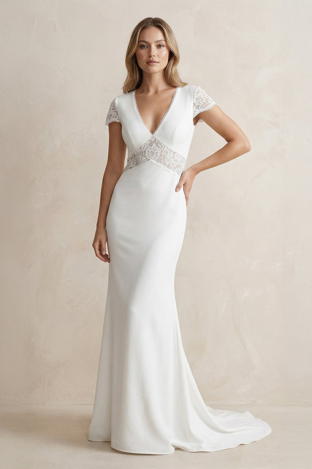 V Neck Mermaid Short Sleeves Satin Wedding Dress in White - SHE IS ME Wedding Dresses