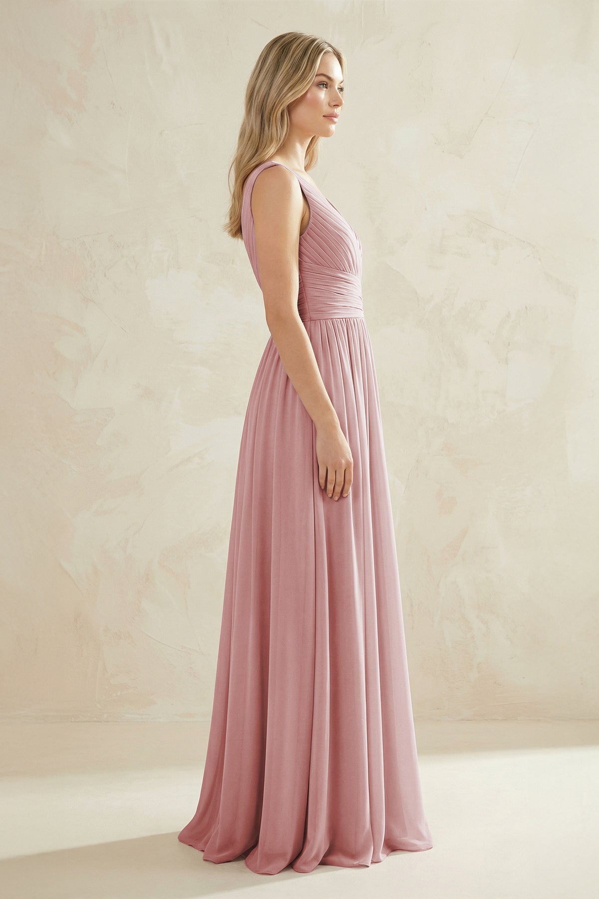 V - Neck Pleated A - Line Bridesmaid Dress in Dusty Rose - SHE IS ME Bridesmaid Dresses