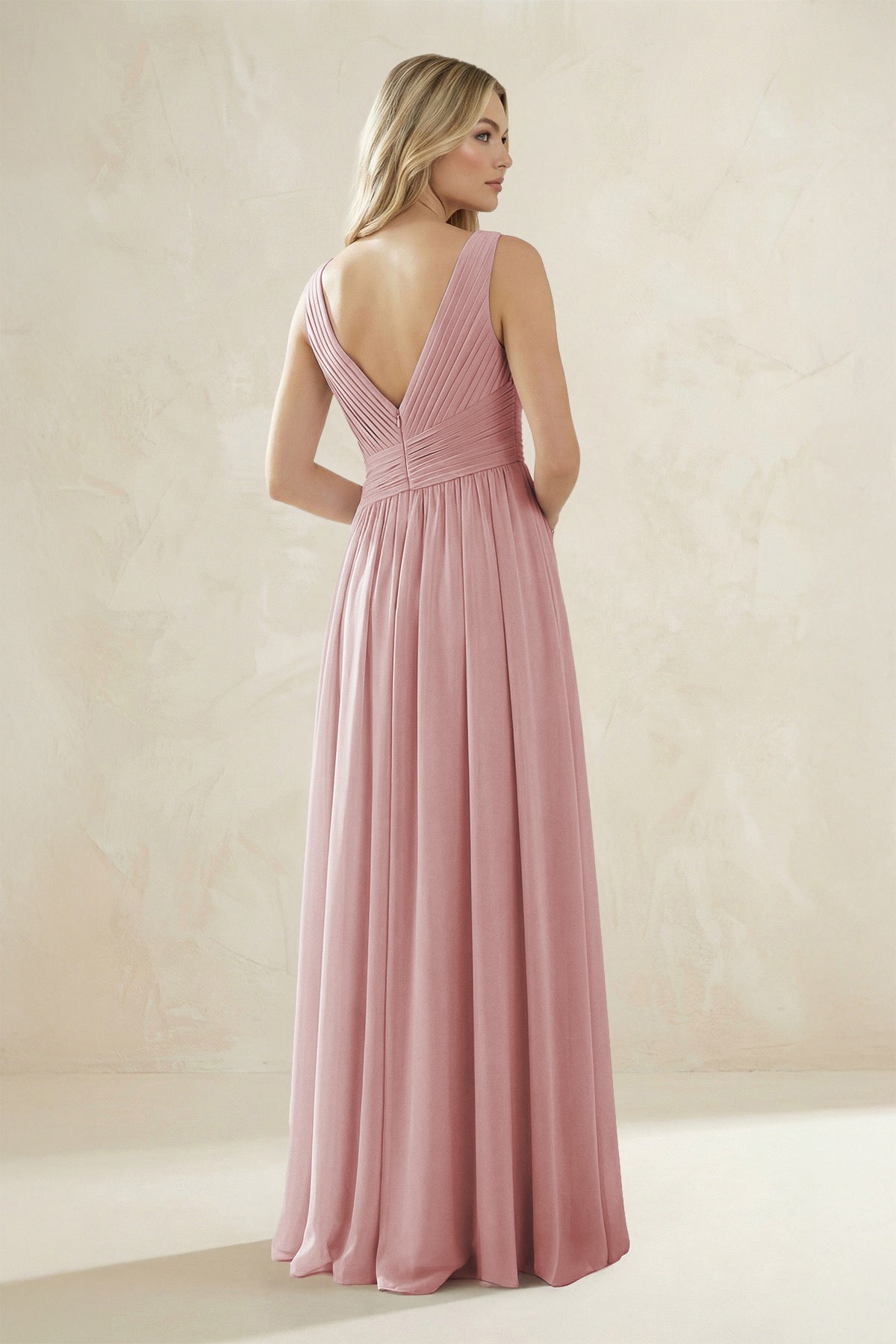 V - Neck Pleated A - Line Bridesmaid Dress in Dusty Rose - SHE IS ME Bridesmaid Dresses